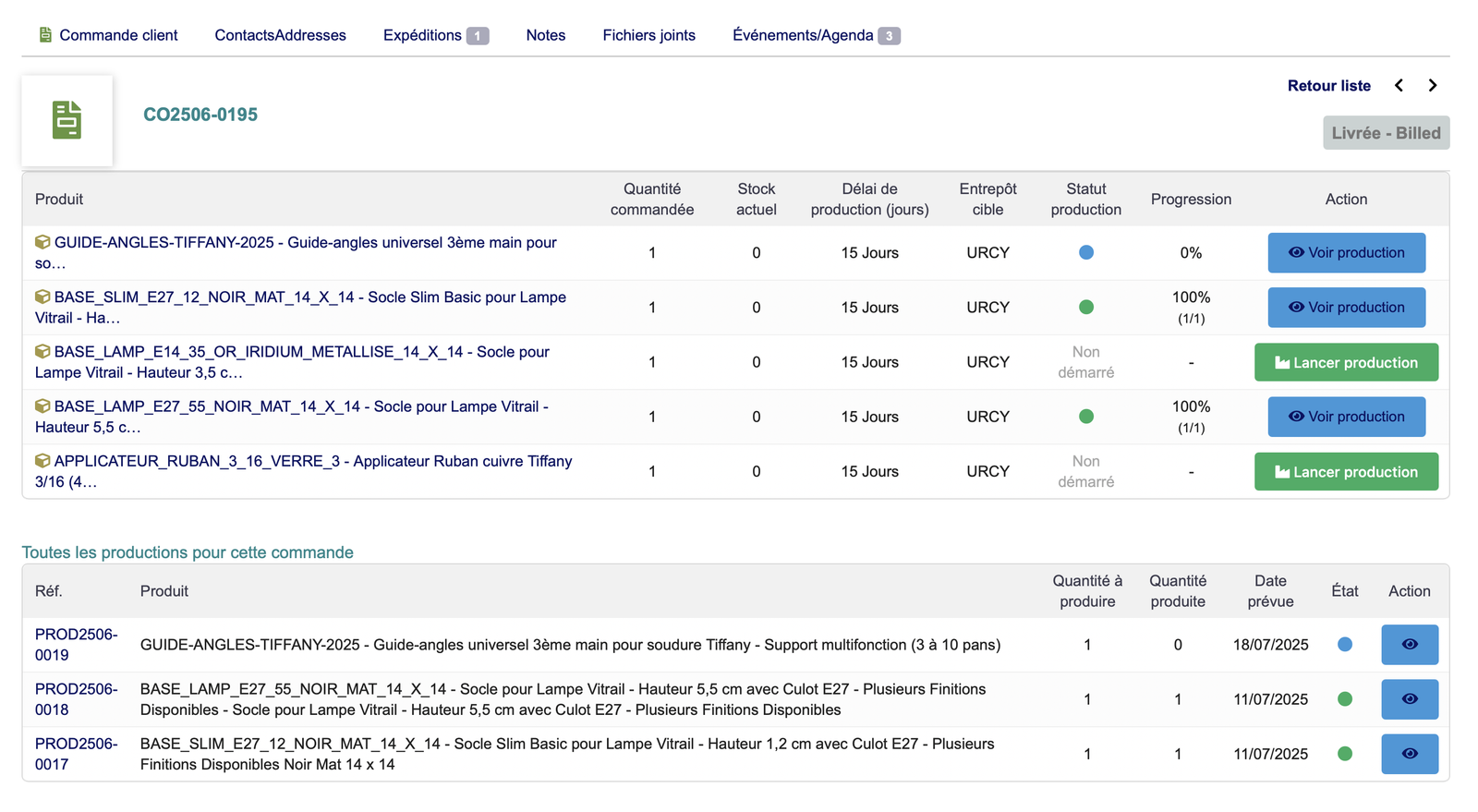 Onglet Production intégré