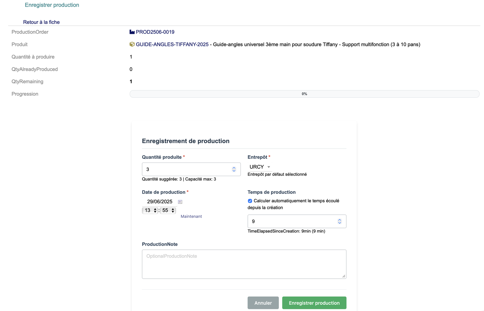 Saisie ligne de production